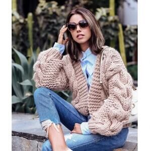 I Love Mr Mittens Taupe Cable Knit Hooded Bomber Wool Cardigan Sweater Size XS/S
